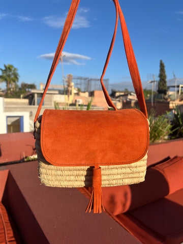 Raffia / suede schoudertas - oranje